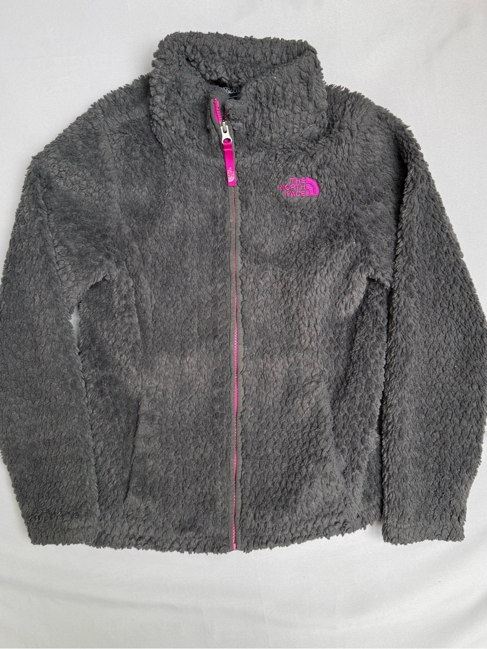 The North Face Dark Gray Sherpa Fleece Jacket with Pink Trim